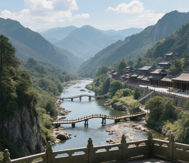 Wudang Mountain landscape with traditional architecture